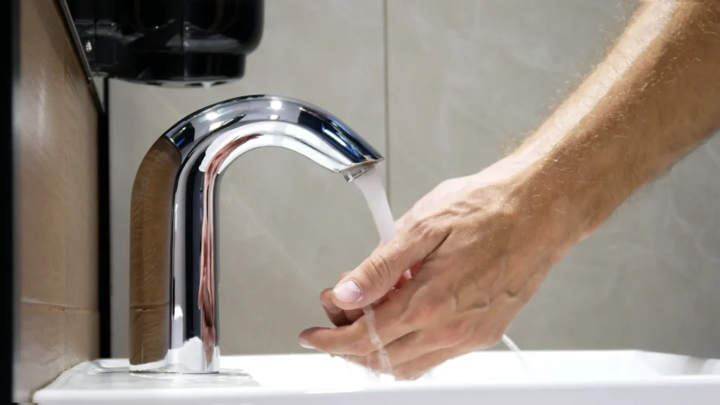 Modern touchless faucet demonstrating motion sensor technology in sleek bathroom setting