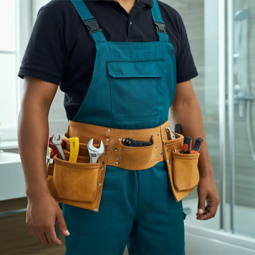 Plumber with tools in a bathroom, tips on finding and choosing a good plumber.