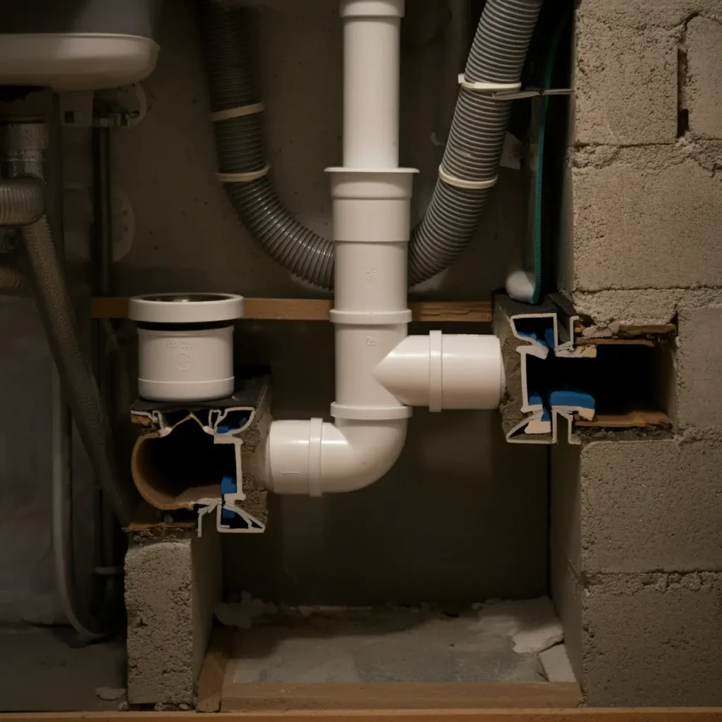 Plumbing vent system showing drain vent pipes, essential for proper drainage ventilation.