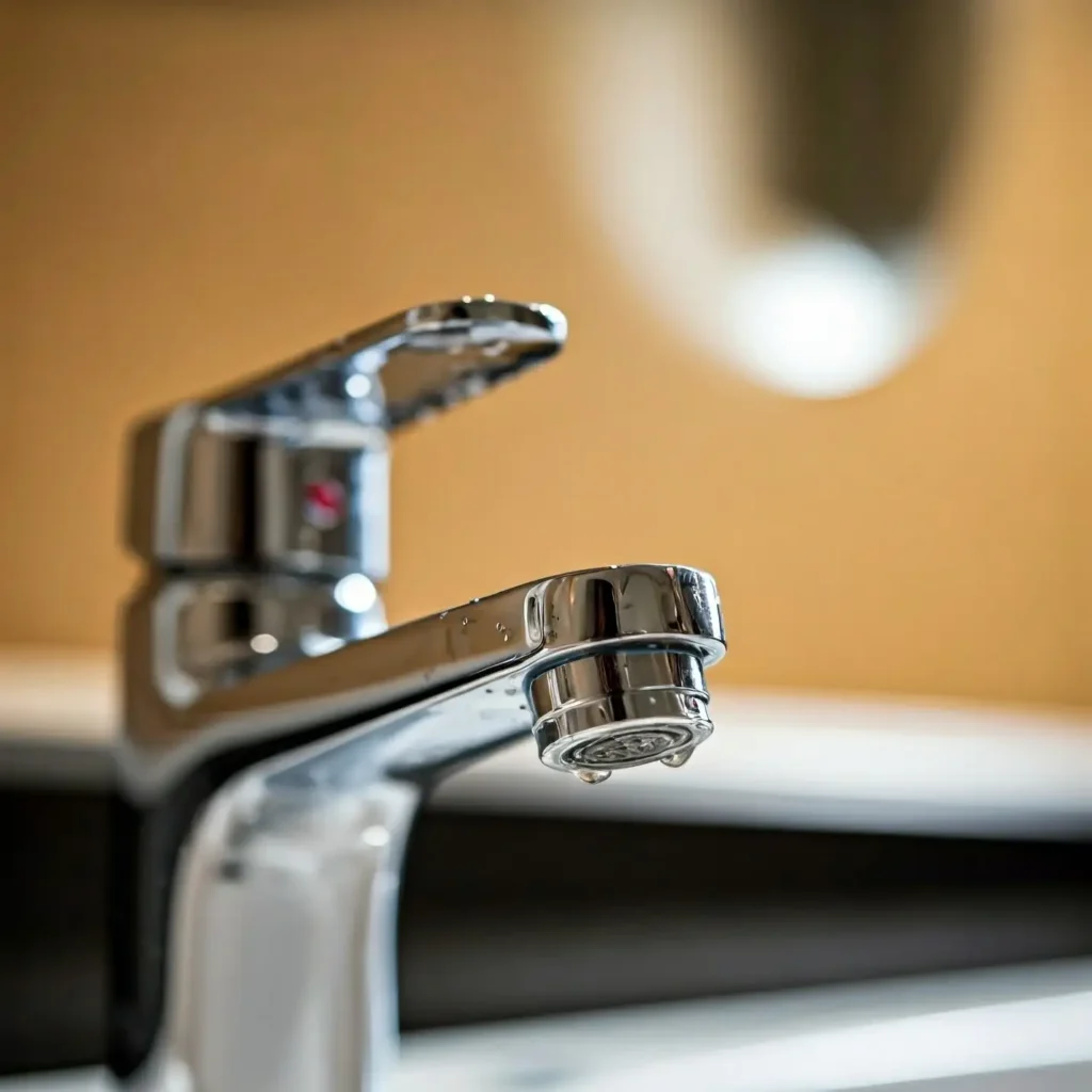 Modern low flow water fixture: chrome faucet with water-efficient aerator for conservation