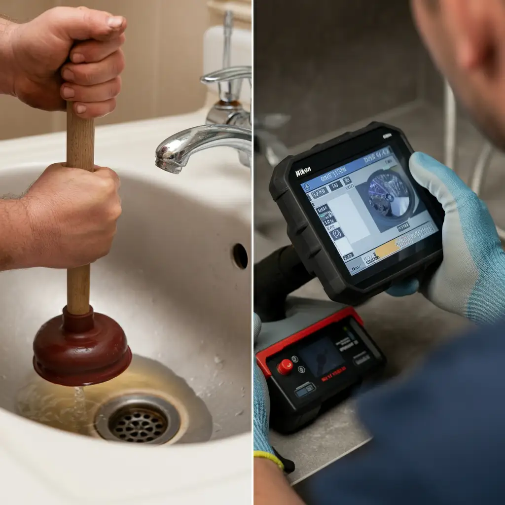 Professional using plunger and camera to fix clogged drain and repair blocked plumbing