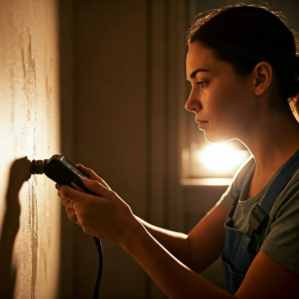 Finding water leak in house: person scanning wall to locate hidden pipe damage