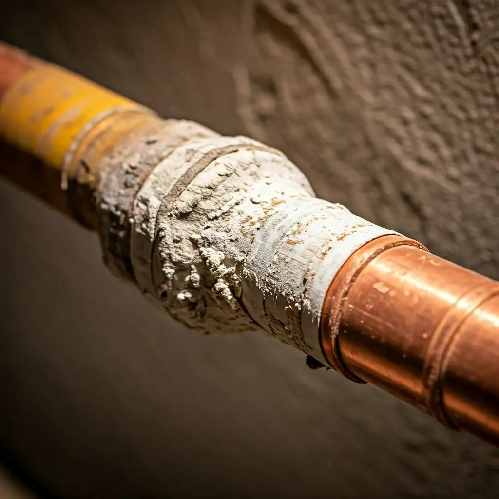 Severe mineral buildup showing effects of hard water damage on copper pipe surface