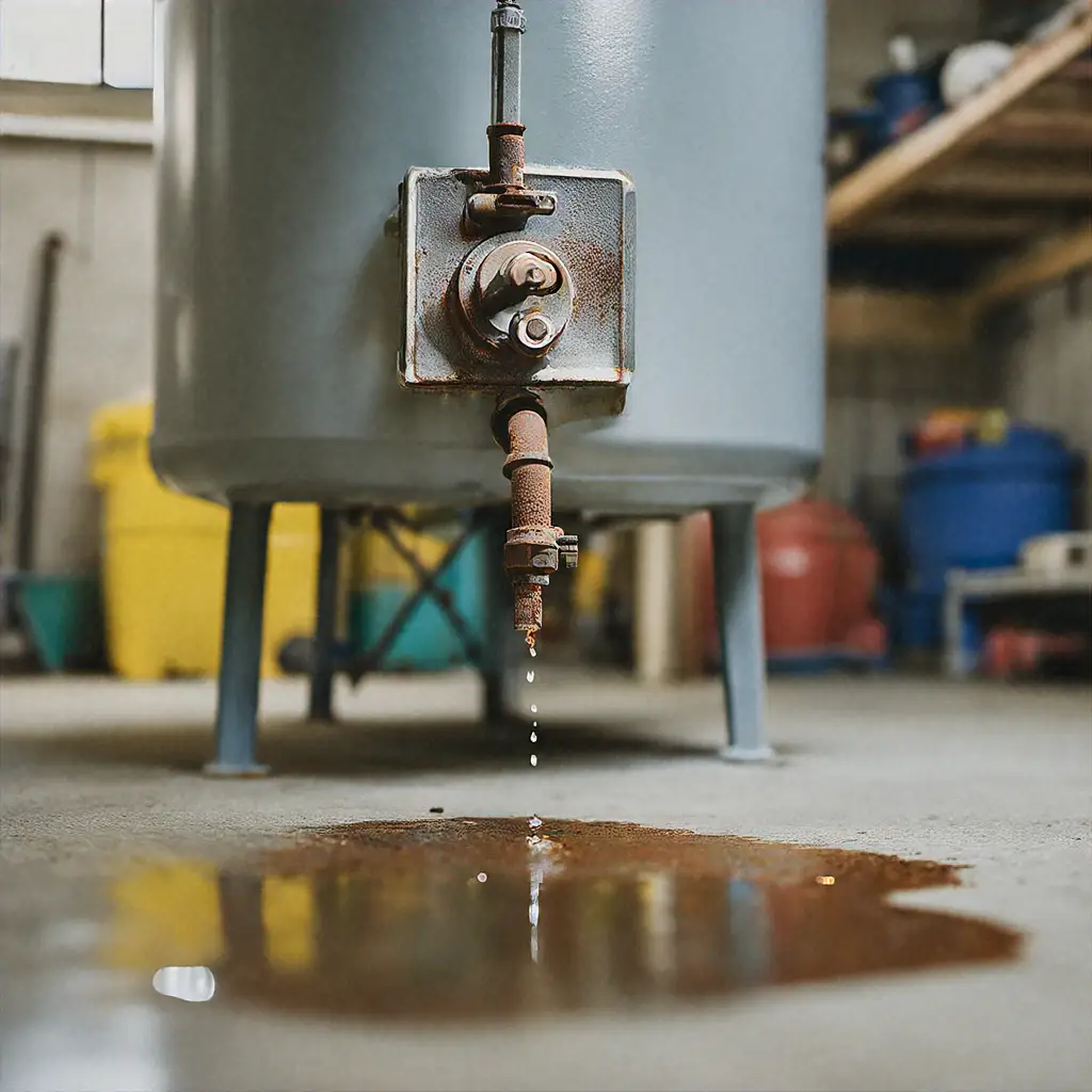 Rusty valve and leaking water showing signs of a failing water heater in basement