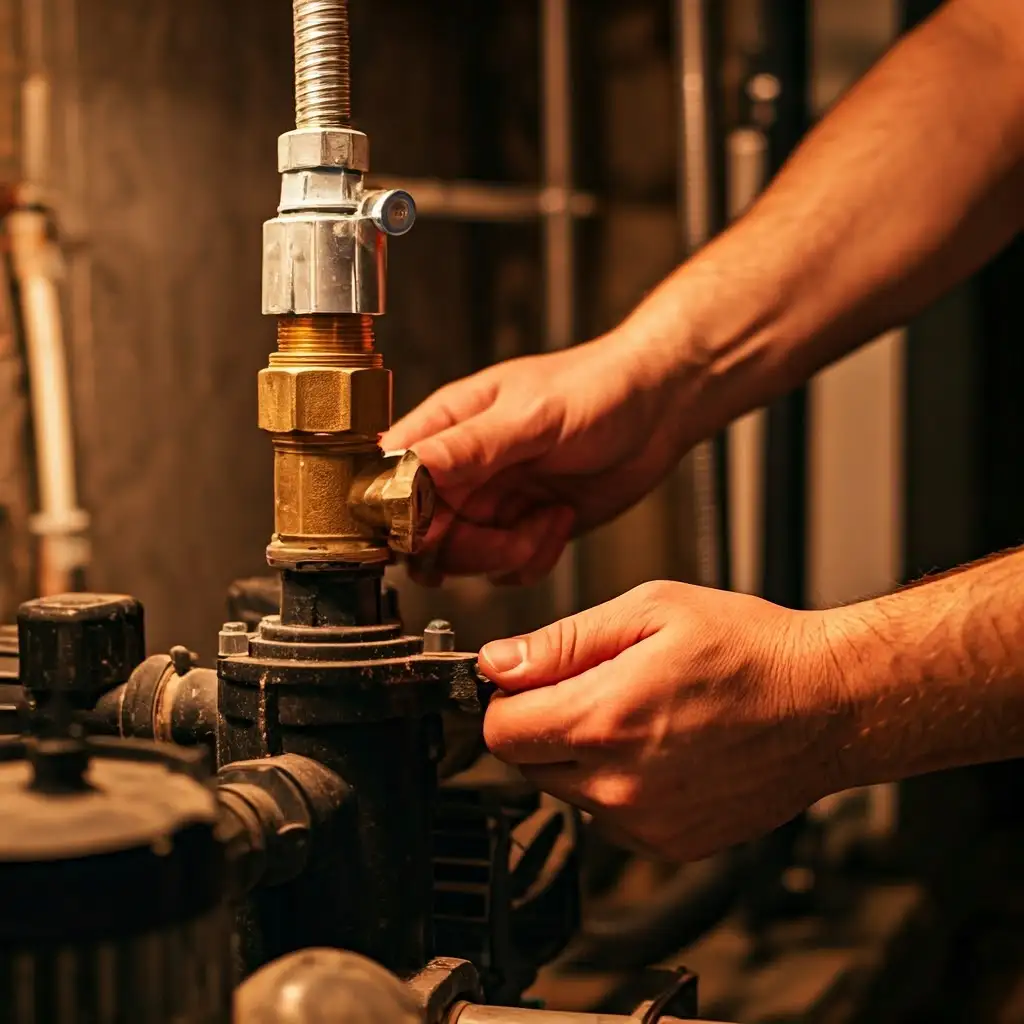 Hands troubleshooting broken sump pump issues with valve repair for pump not pumping