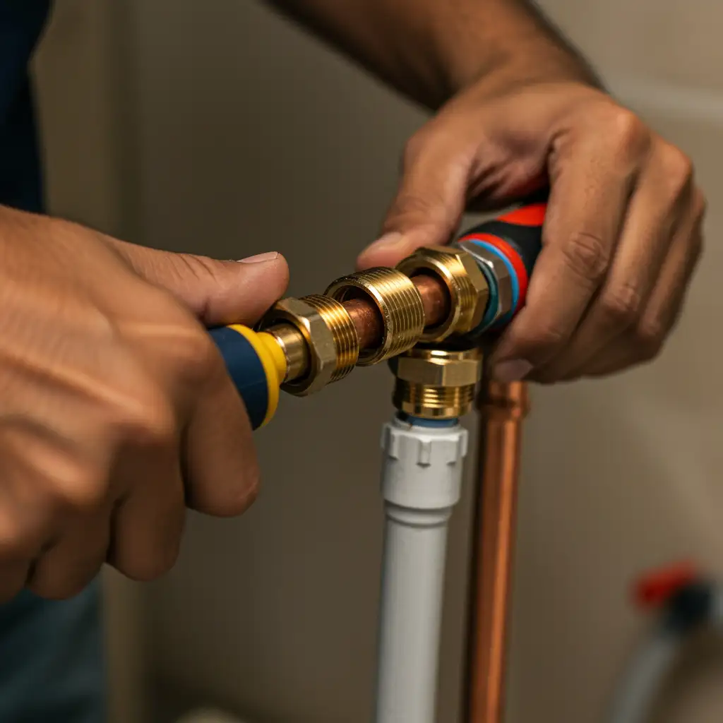 Hands connecting pipes during home repiping plumbing process when repiping water lines