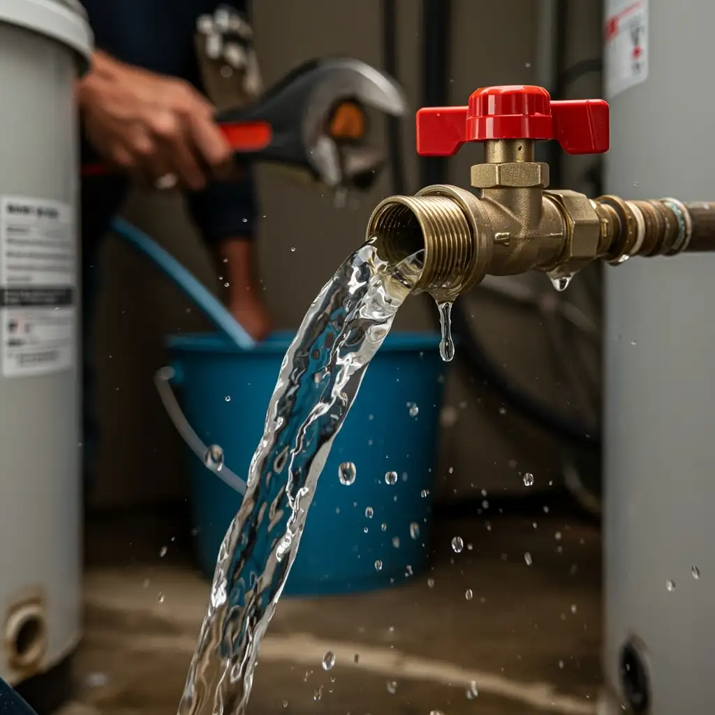 Water flowing from valve during water heater sediment removal and flushing process
