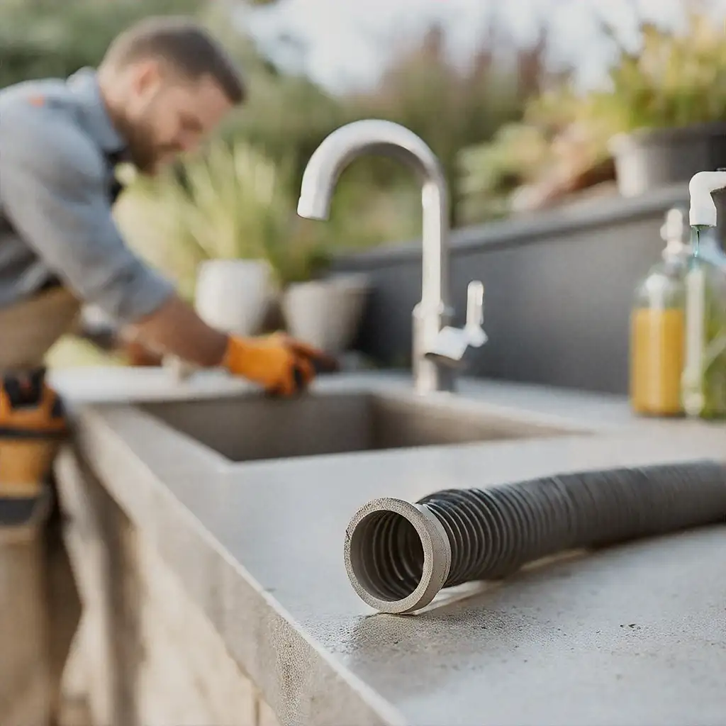 Outdoor kitchen plumbing with sink drain hose for installation options