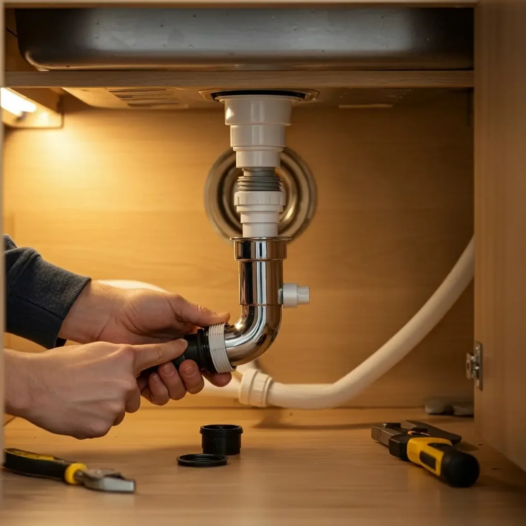 Installing kitchen sink plumbing: connecting P-trap drain assembly under sink