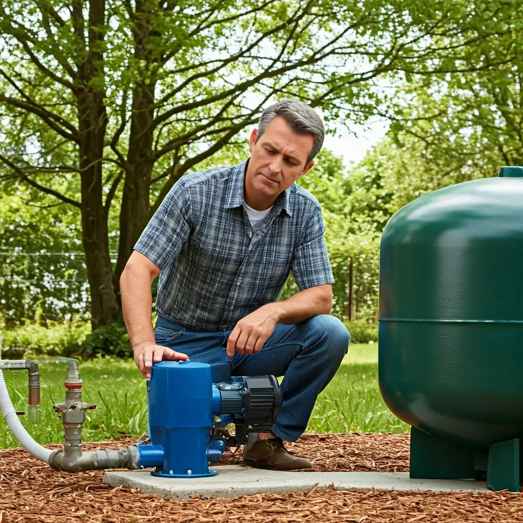 Person performing well maintenance on water well system with pump and pressure tank