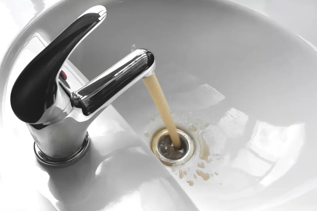 Yellow water from tap: yellowish tap water flowing from chrome faucet