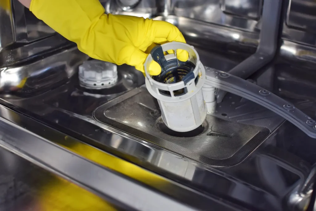 How to unclog dishwasher: removing clogged dishwasher filter with standing water