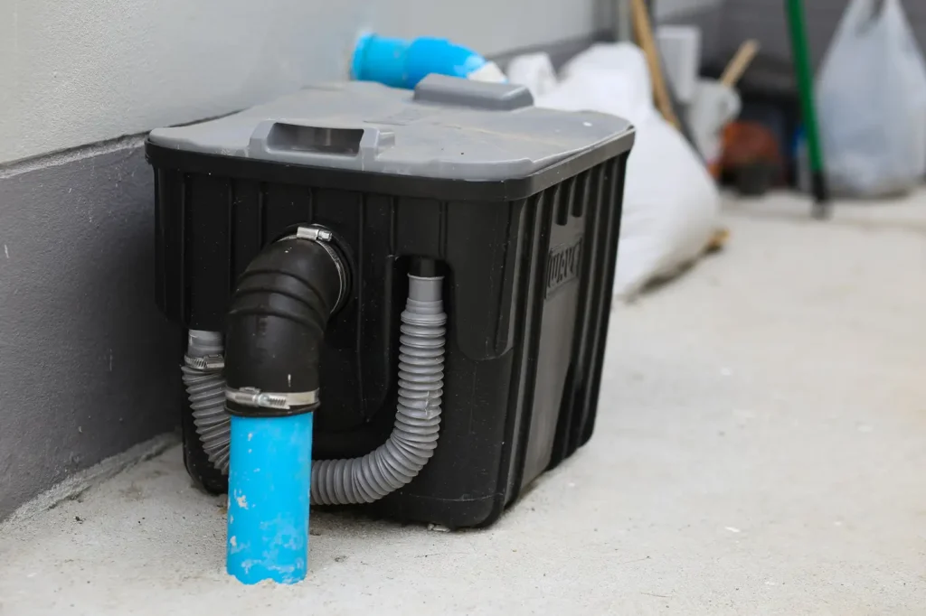 Grease tank cleaning: under the sink grease trap with blue hoses and connections