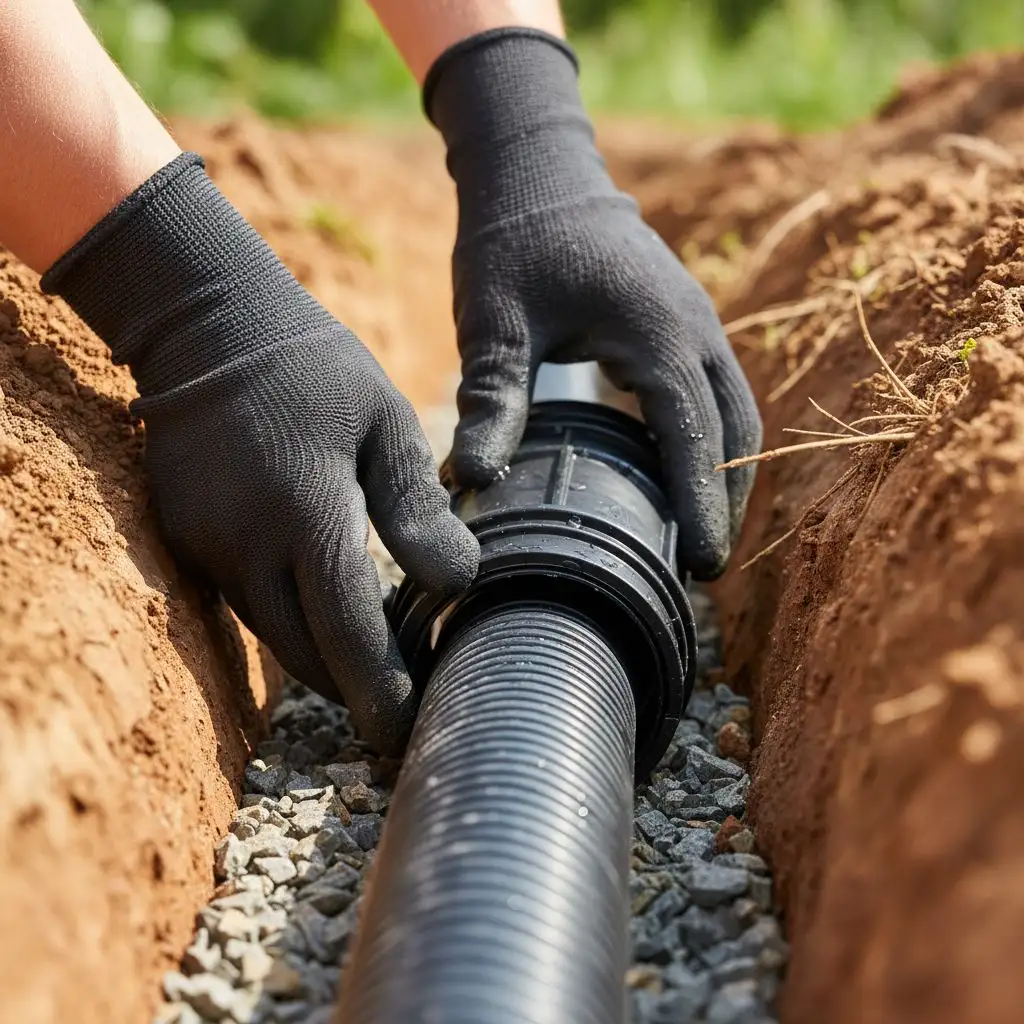 A plumber performs a sewer main replacement in Perry by connecting a new corrugated drain pipe.