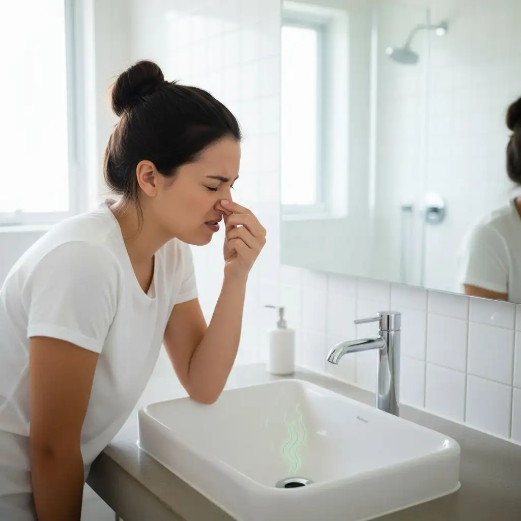 A woman pinches her nose in a clean bathroom because her bathroom sink stinks from the drain.