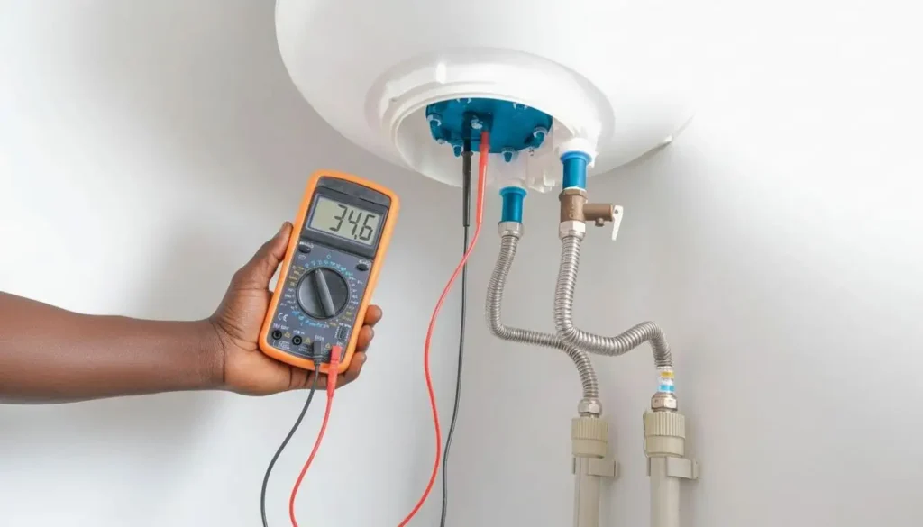 A technician shows how to check a hot water heater element using a digital multimeter.