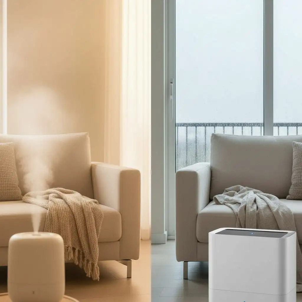 Split image showing the effects of a dehumidifier vs humidifier on a modern living room's air.