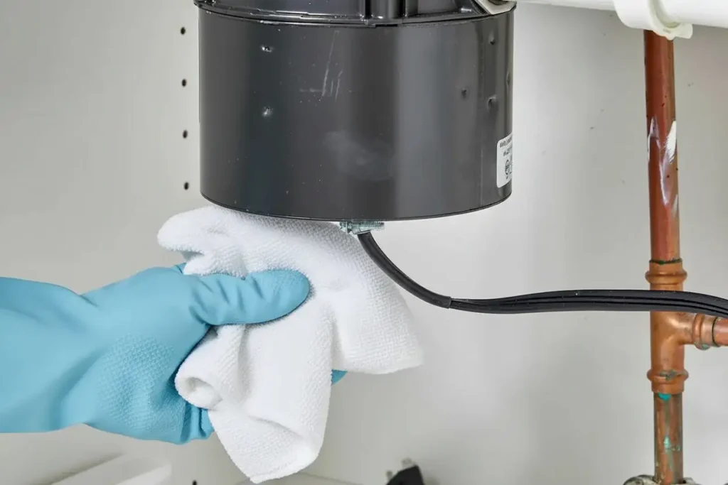 Hand in a glove checks for a garbage disposal leaking from the bottom by wiping it with a cloth.