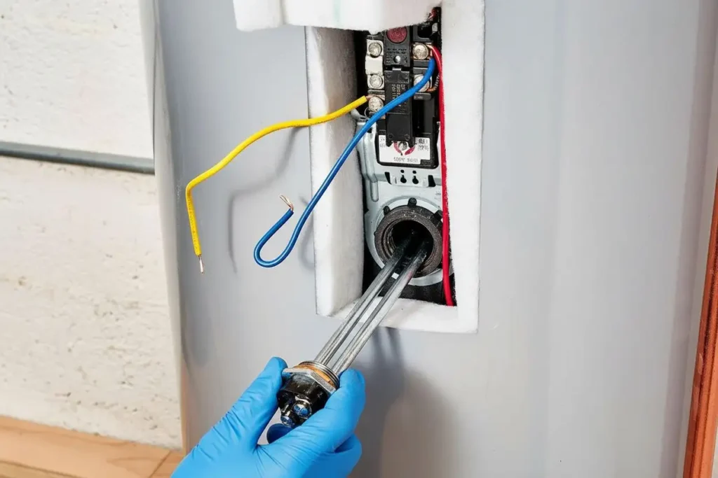 A technician installs a new heating element for a water heater in the side access panel.