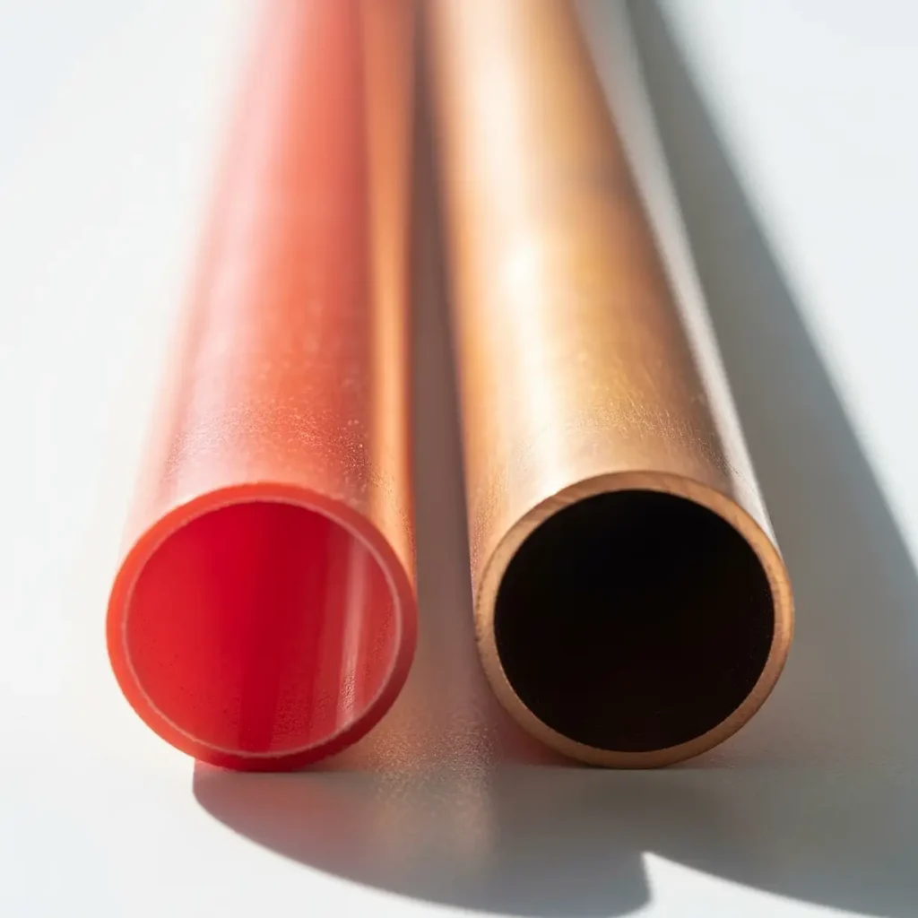 PEX vs copper plumbing pipes - red PEX pipe and copper pipe comparison