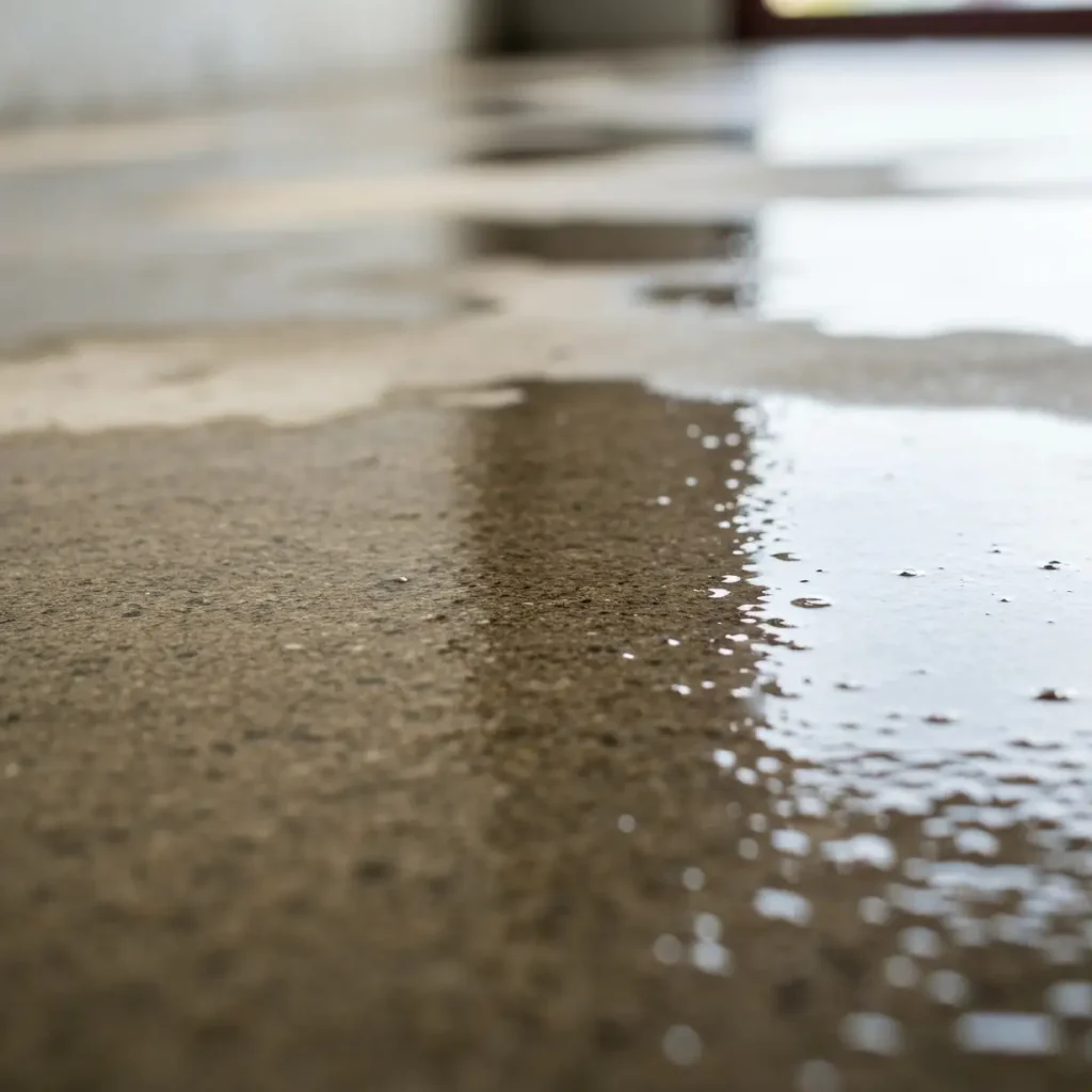 Slab leak signs - water pooling on concrete floor showing slab water leak symptoms
