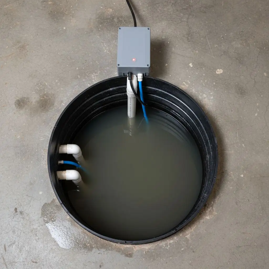A red warning light shows a sump pump alarm going off in a nearly full sump pit.