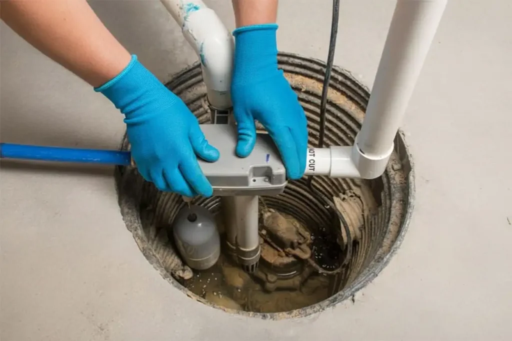 A plumber performing sump pump maintenance by testing the float switch in the basin.