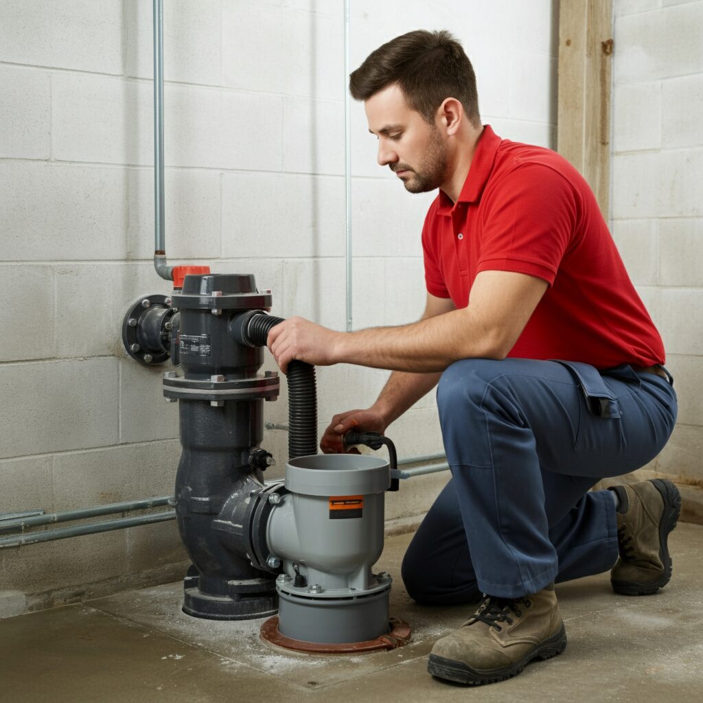Technician inspecting sump pump for maintenance
