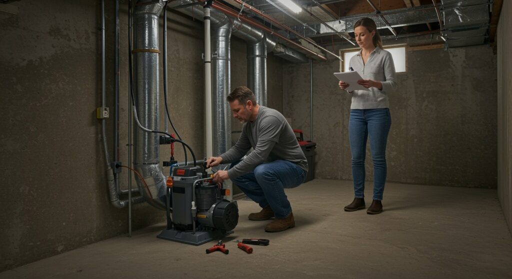 Emergency plumber repairing burst pipe in home