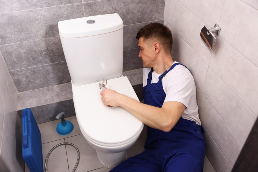 Plumber repairing toilet fill valve