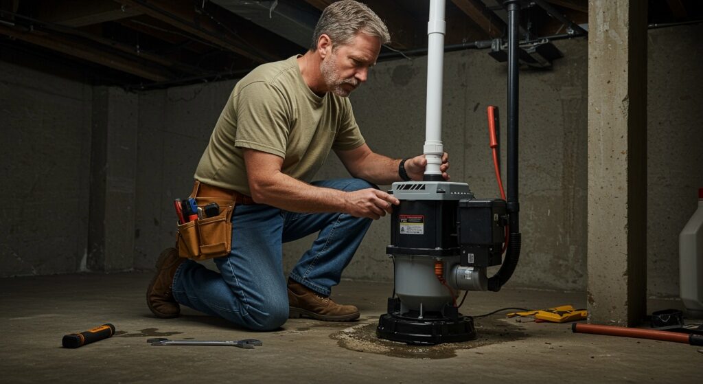 Plumber inspecting aging water heater tank