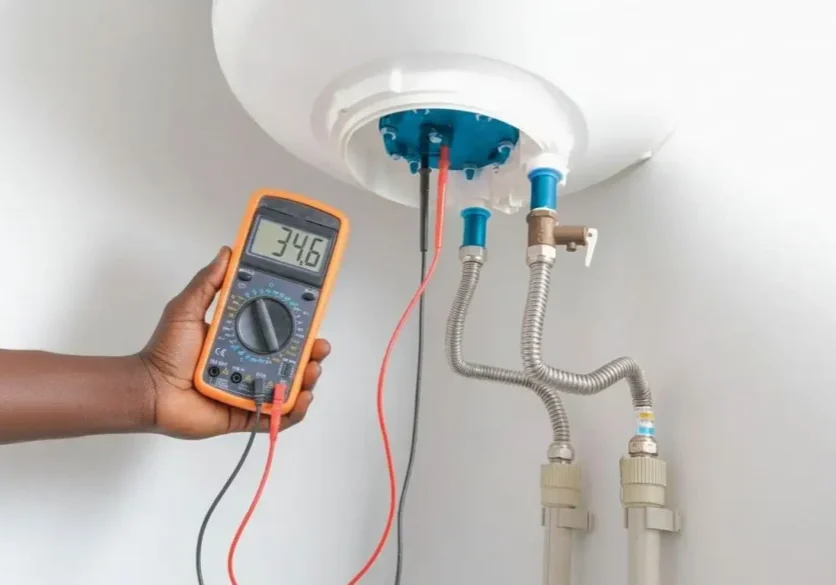 A technician shows how to check a hot water heater element using a digital multimeter.