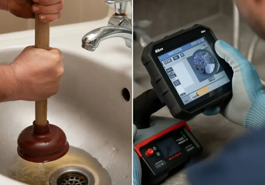 Professional using plunger and camera to fix clogged drain and repair blocked plumbing