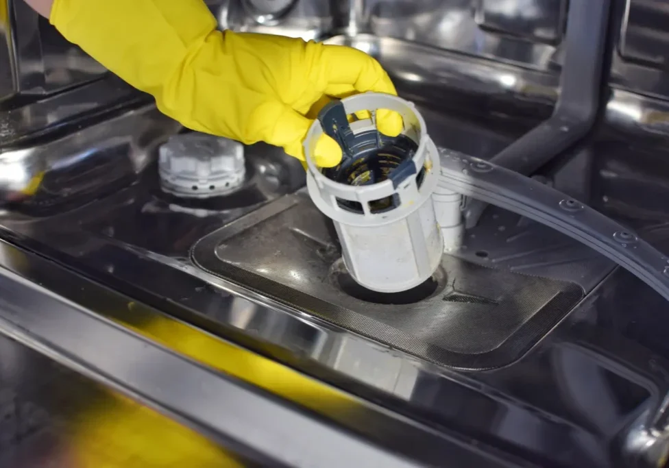 How to unclog dishwasher: removing clogged dishwasher filter with standing water
