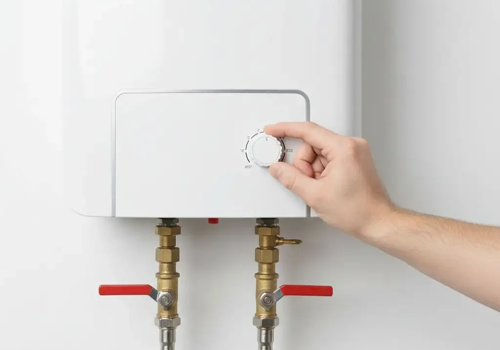 Hand adjusts water heater thermostat, affecting how long the water heater takes to heat up.