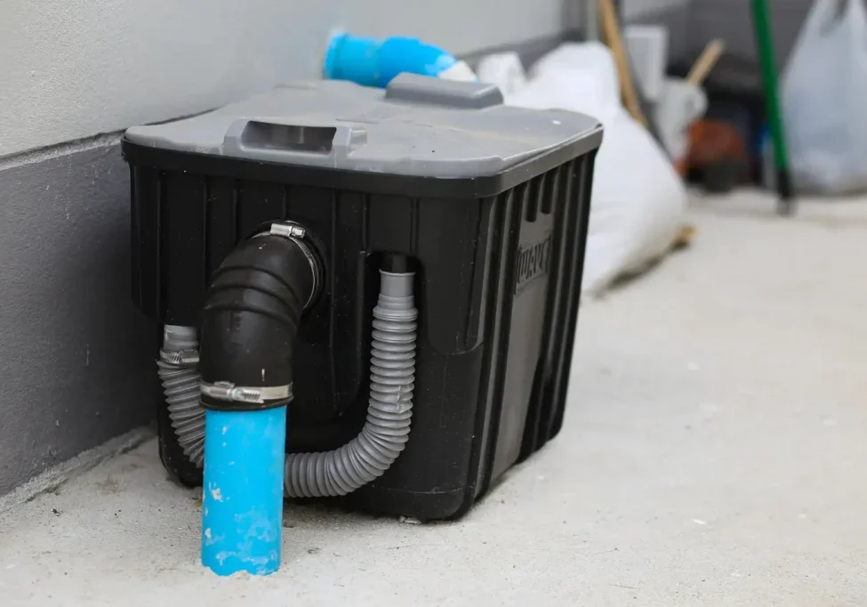 Grease tank cleaning: under the sink grease trap with blue hoses and connections