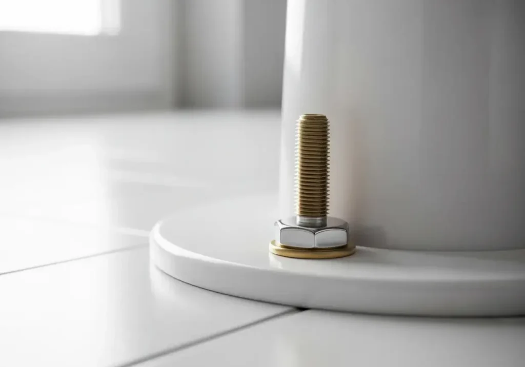 How to fix a wobbly toilet - bolt and washer securing toilet base to floor