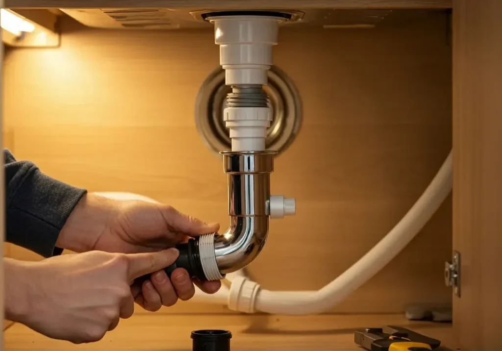 Installing kitchen sink plumbing: connecting P-trap drain assembly under sink