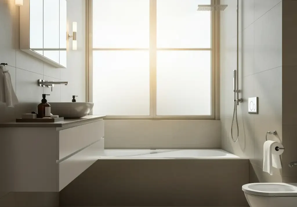 Modern bathroom showcasing innovative plumbing technology with sleek fixtures and smart shower system