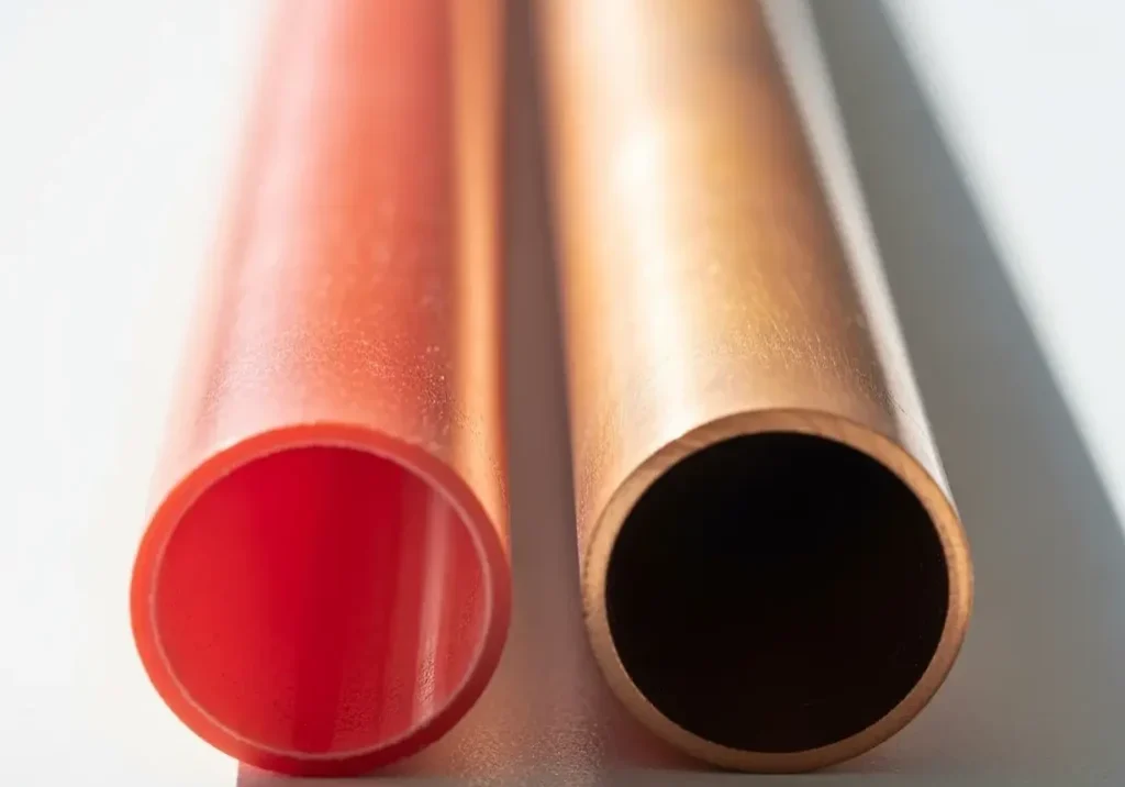 PEX vs copper plumbing pipes - red PEX pipe and copper pipe comparison
