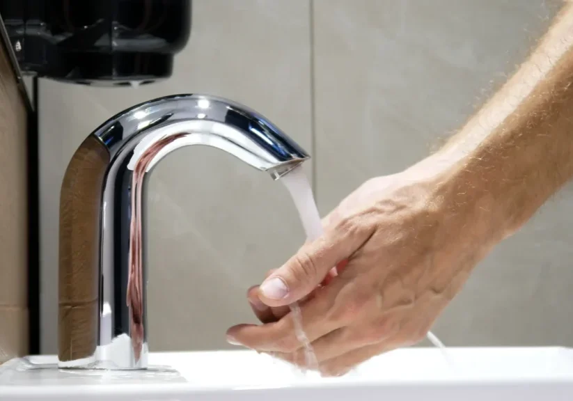 Modern touchless faucet demonstrating motion sensor technology in sleek bathroom setting