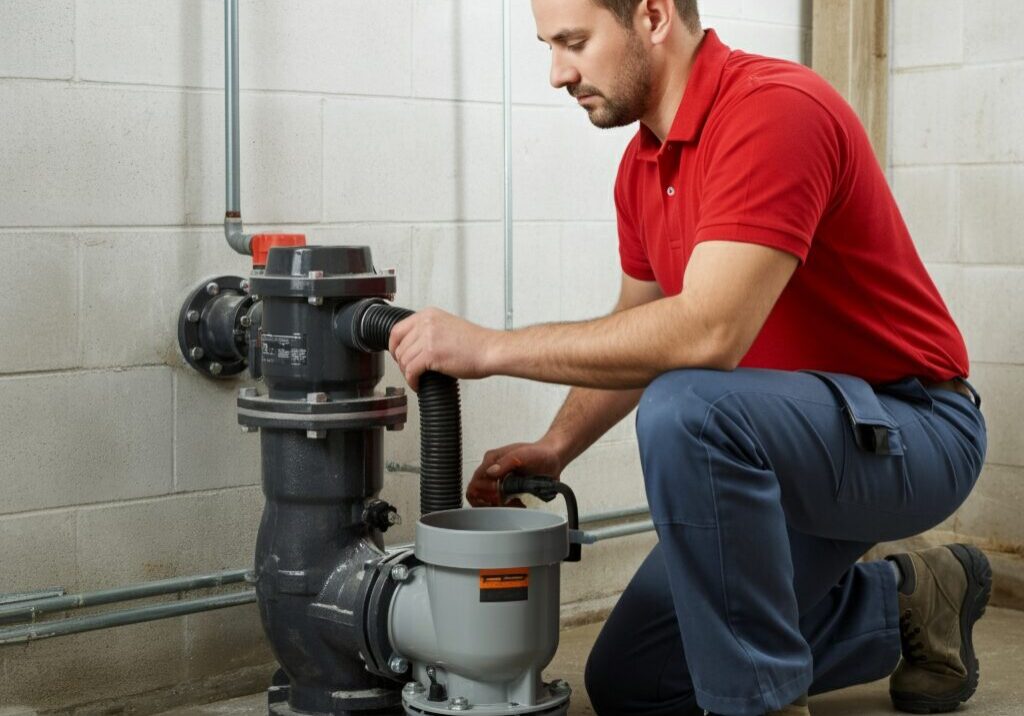 Technician inspecting sump pump for maintenance
