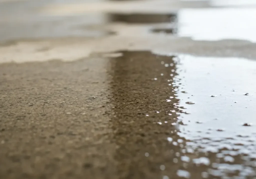 Slab leak signs - water pooling on concrete floor showing slab water leak symptoms