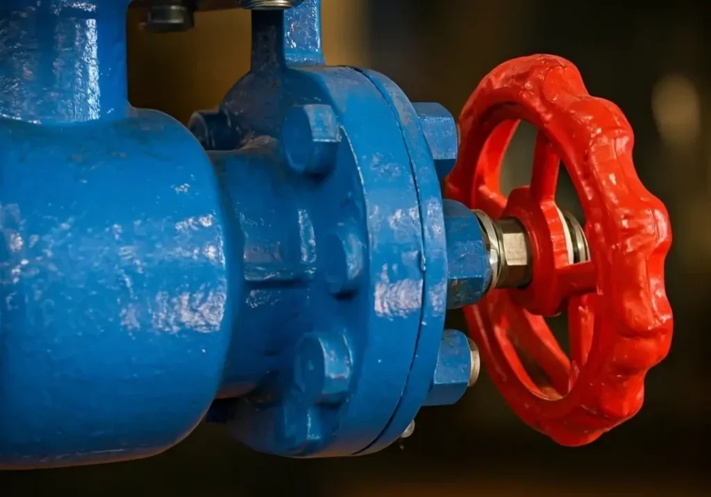 Backflow preventer device for irrigation system: blue pipe with red control valve