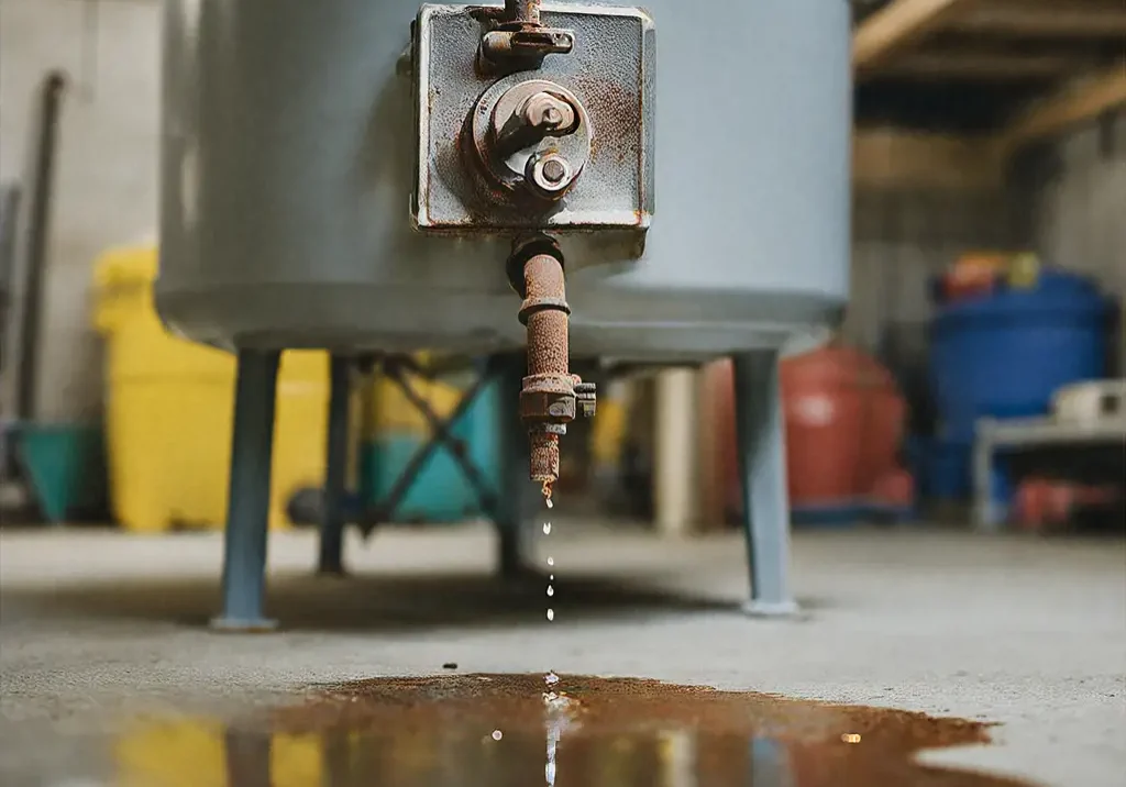 Rusty valve and leaking water showing signs of a failing water heater in basement