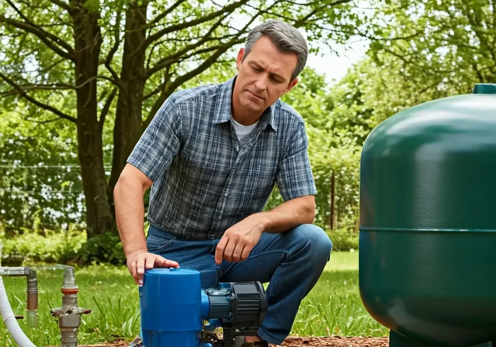 Person performing well maintenance on water well system with pump and pressure tank Person performing well maintenance on water well system with pump and pressure tank
